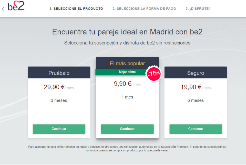 Precios de la suscripción premium de be2